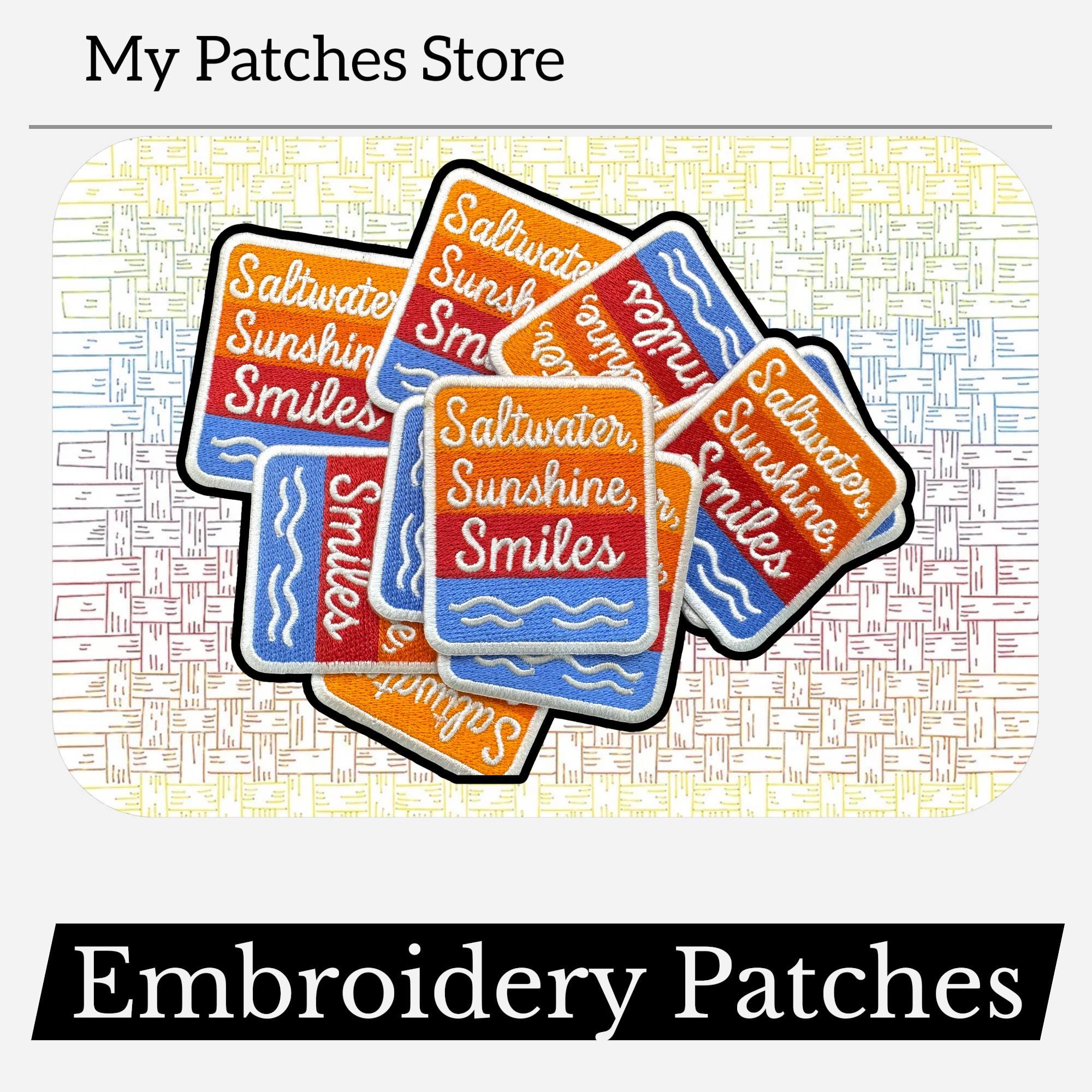 Saltwater Sunshine Smiles Patch: Embroidered Iron-On Trucker Hat Patch (15 pcs min)