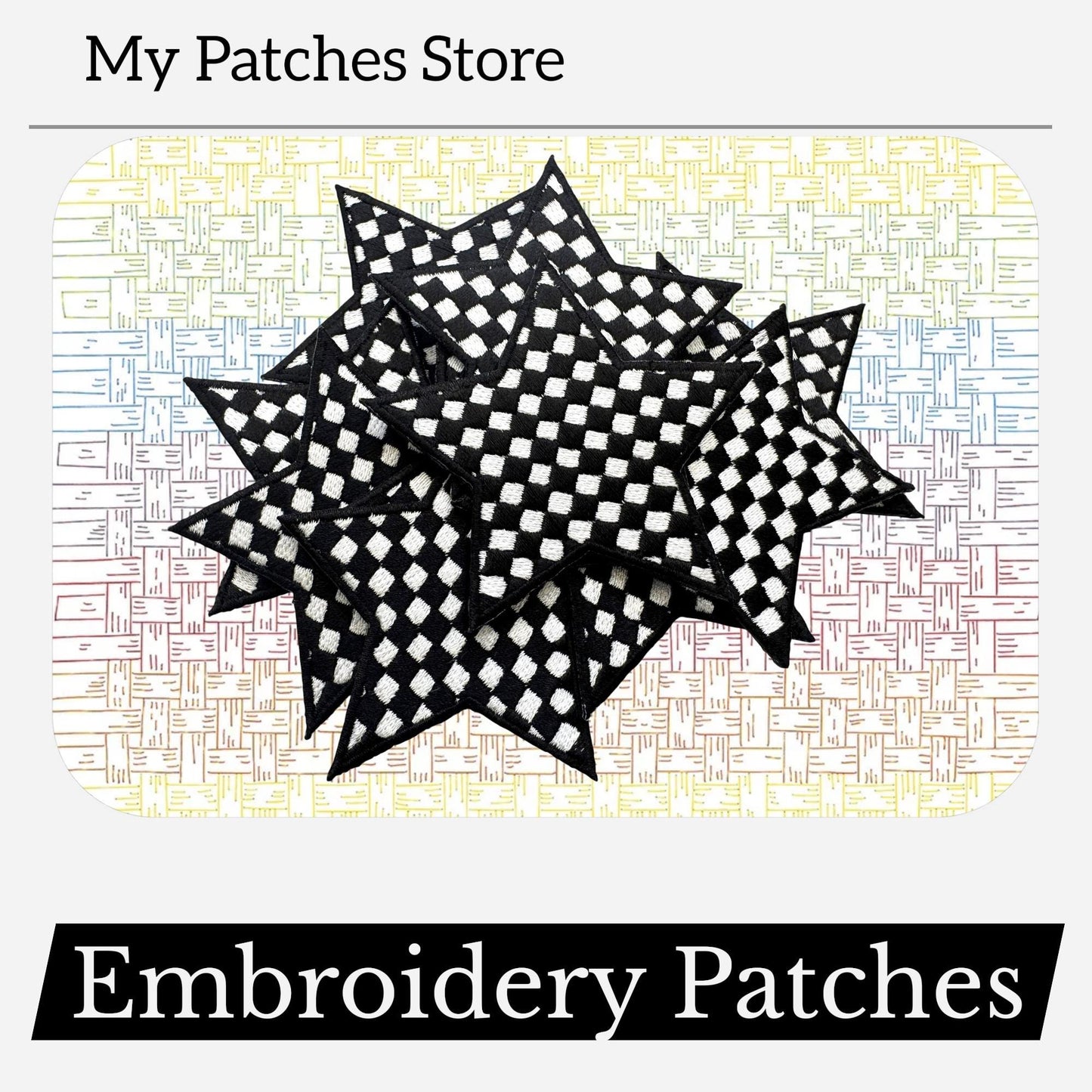 Checkered Star Embroidery Patch: Iron-On Game Day Applique (15 pcs min)