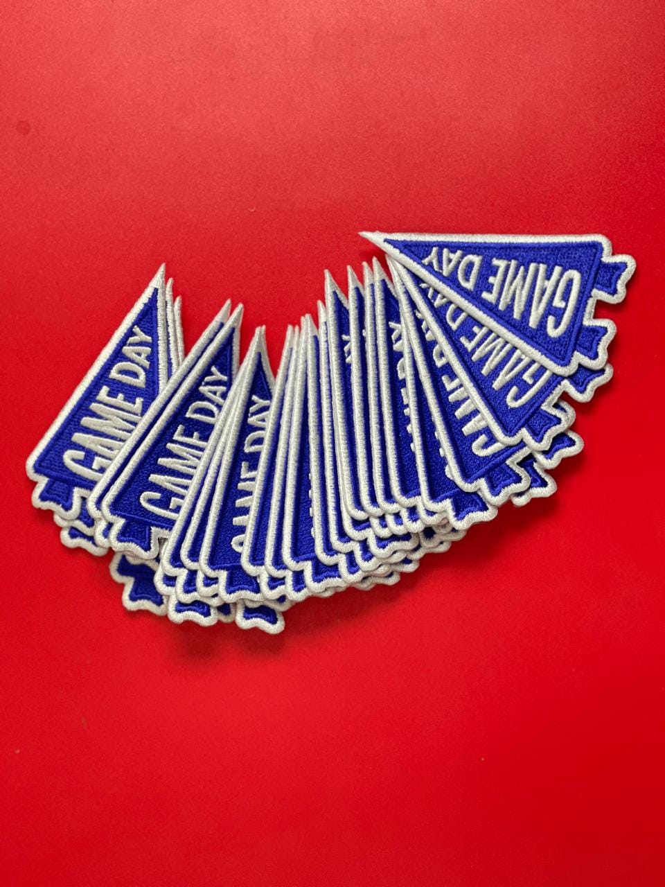 Game Day Pennant Flag Patch: Royal Blue Embroidered Iron-On Patch (15 pcs min)