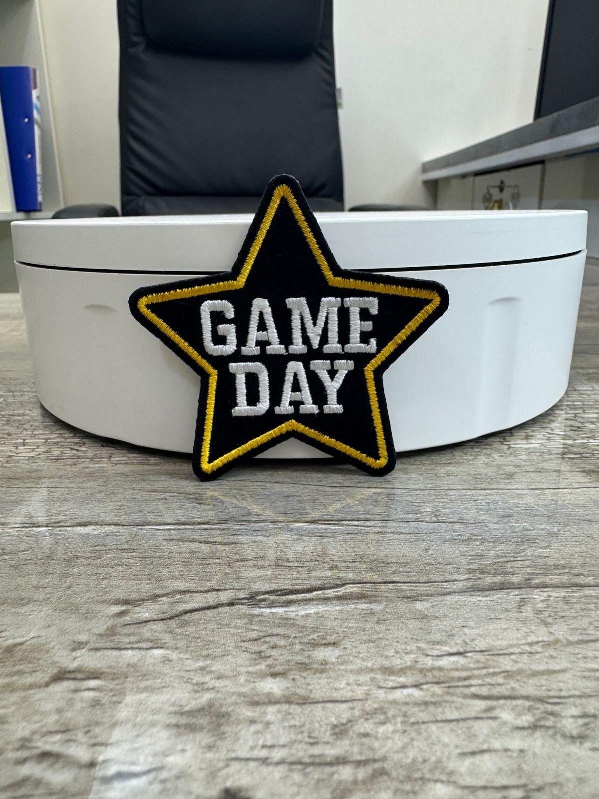 Game Day Star Patch: Black & Gold Embroidery, Iron-On Applique (15 pcs min)