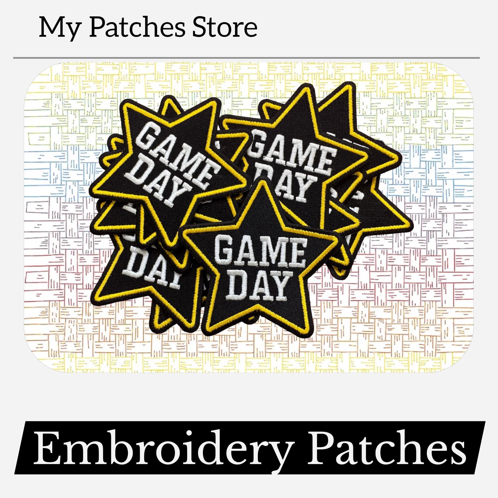 Game Day Star Patch: Black & Gold Embroidery, Iron-On Applique (15 pcs min)
