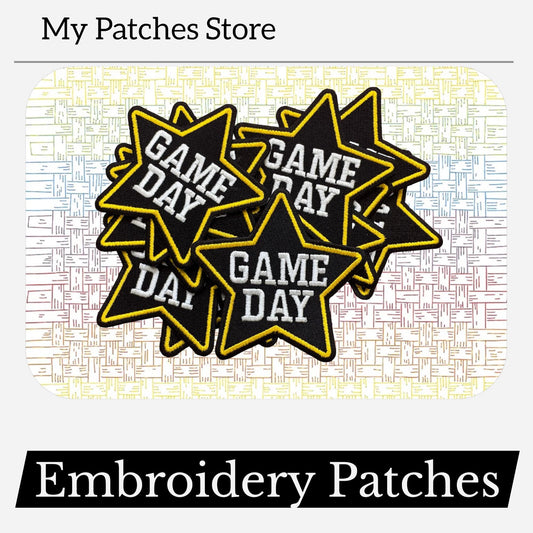 Game Day Star Patch: Black & Gold Embroidery, Iron-On Applique (15 pcs min)