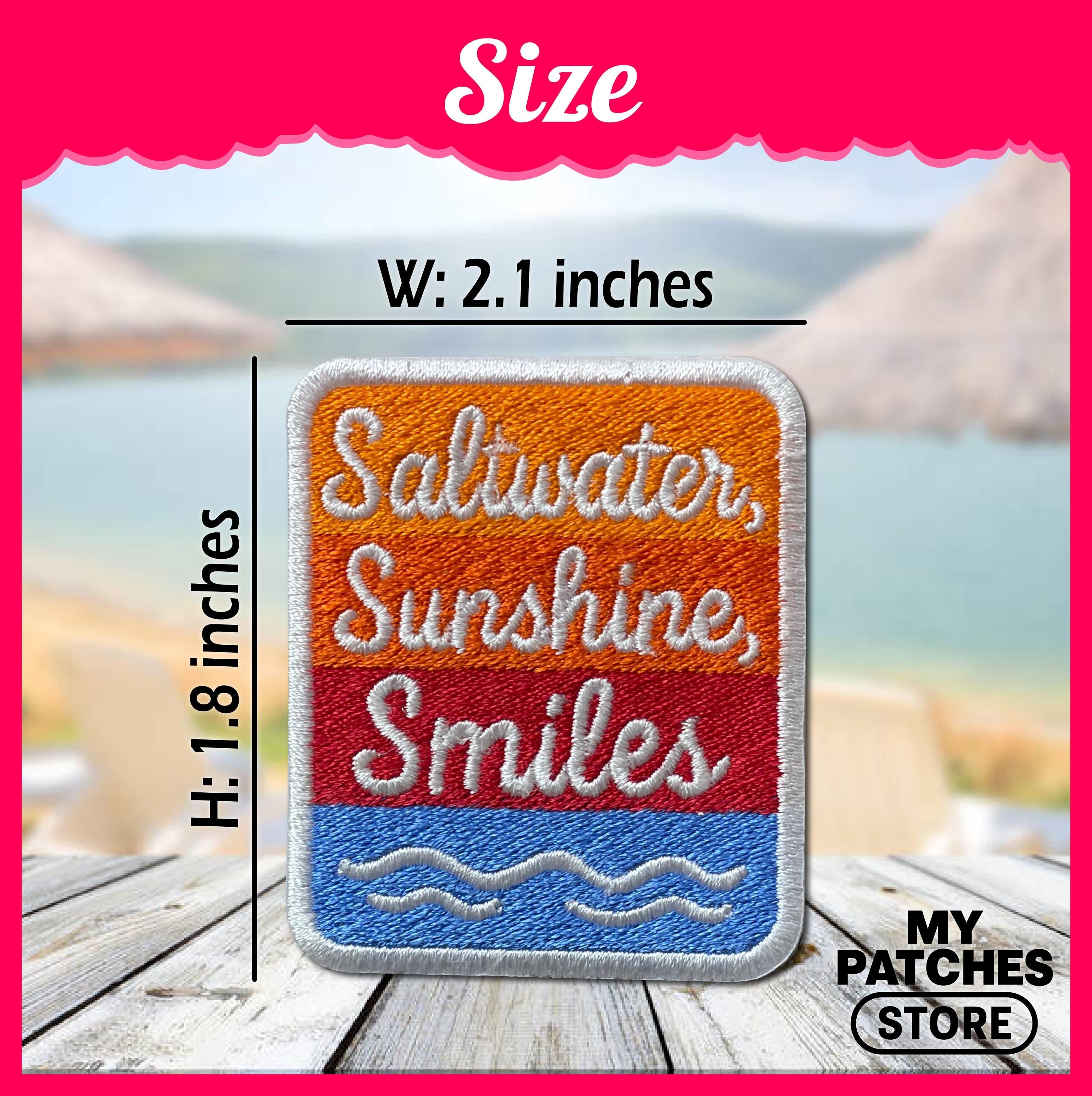 Saltwater Sunshine Smiles Patch: Embroidered Iron-On Trucker Hat Patch (15 pcs min)