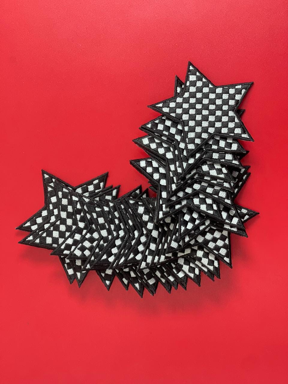 Checkered Star Embroidery Patch: Iron-On Game Day Applique (15 pcs min)