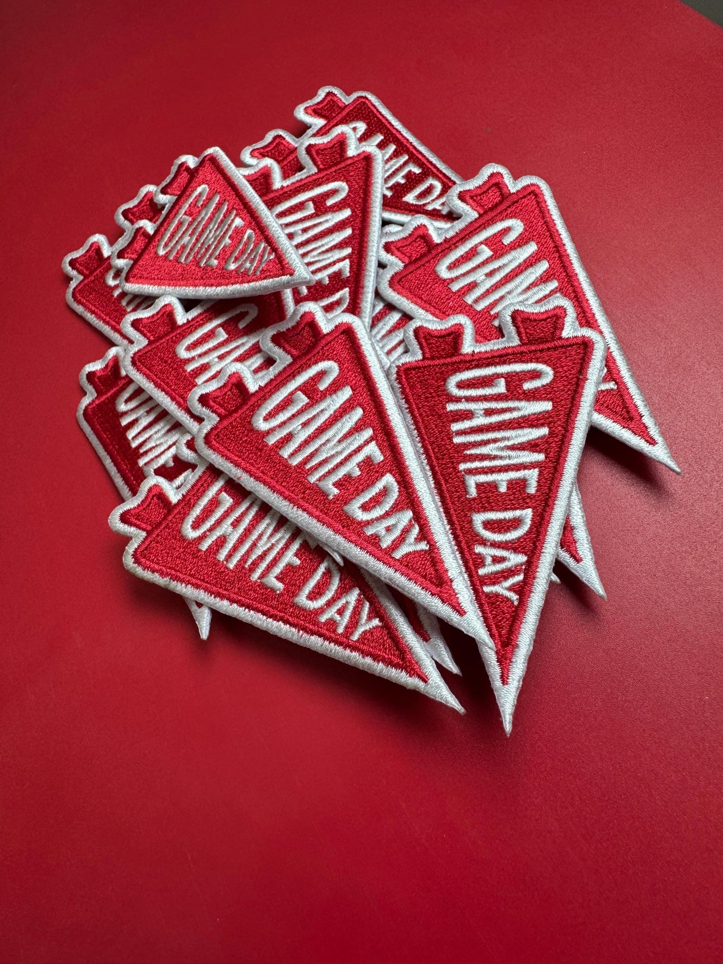 Game Day Pennant Flag Patch: Red Embroidered Iron-On Patch (15 pcs min)