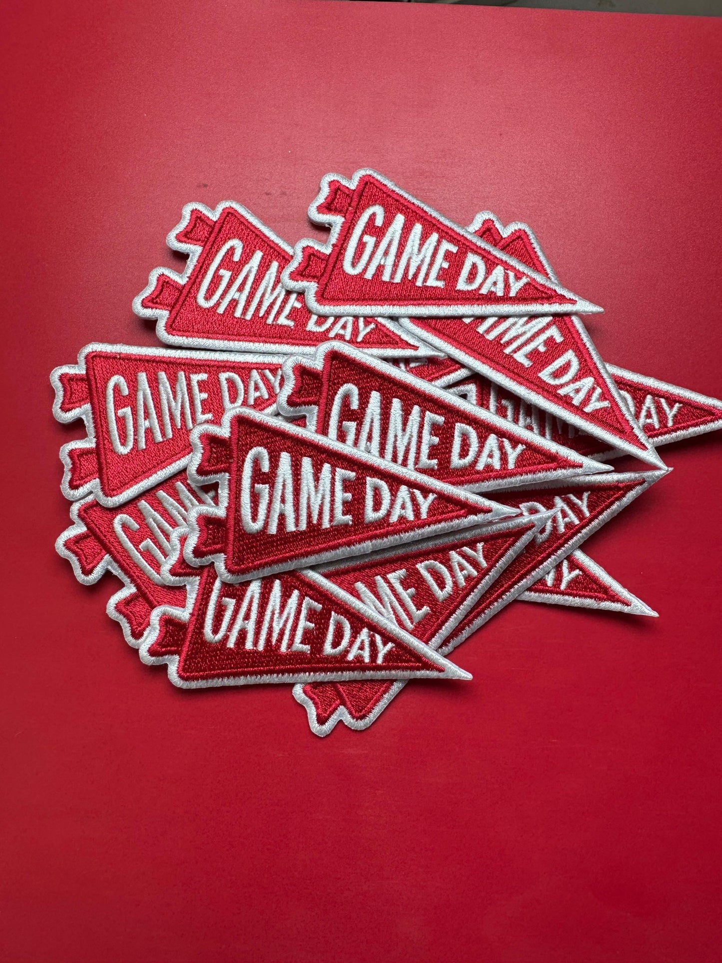 Game Day Pennant Flag Patch: Red Embroidered Iron-On Patch (15 pcs min)