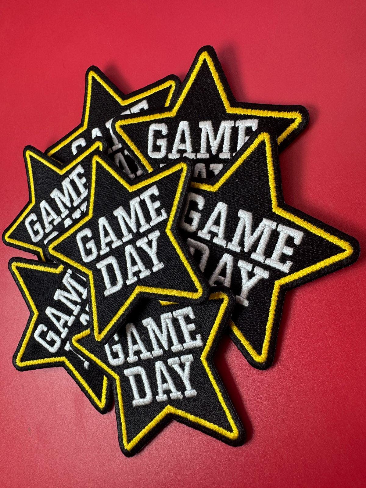 Game Day Star Patch: Black & Gold Embroidery, Iron-On Applique (15 pcs min)