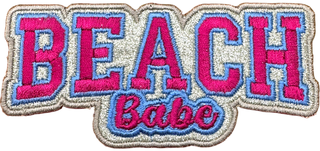Embroidered patch with 'BEACH Babe' text on a white background
