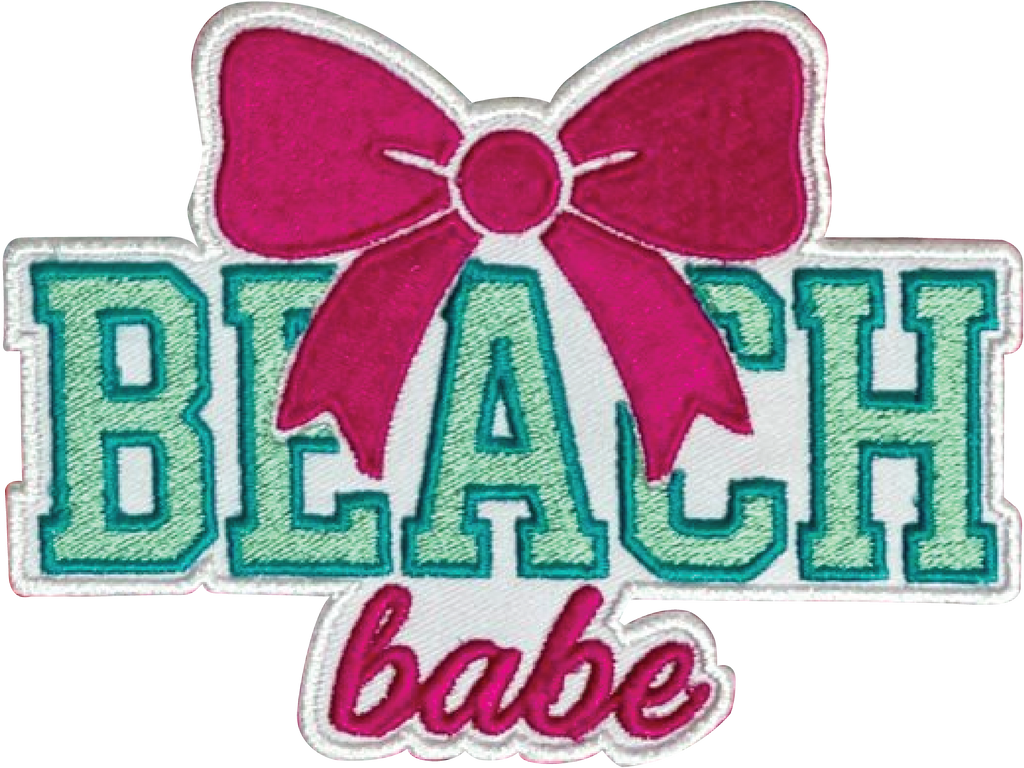 Embroidered patch with 'BEACH babe' text and a pink bow on a white background