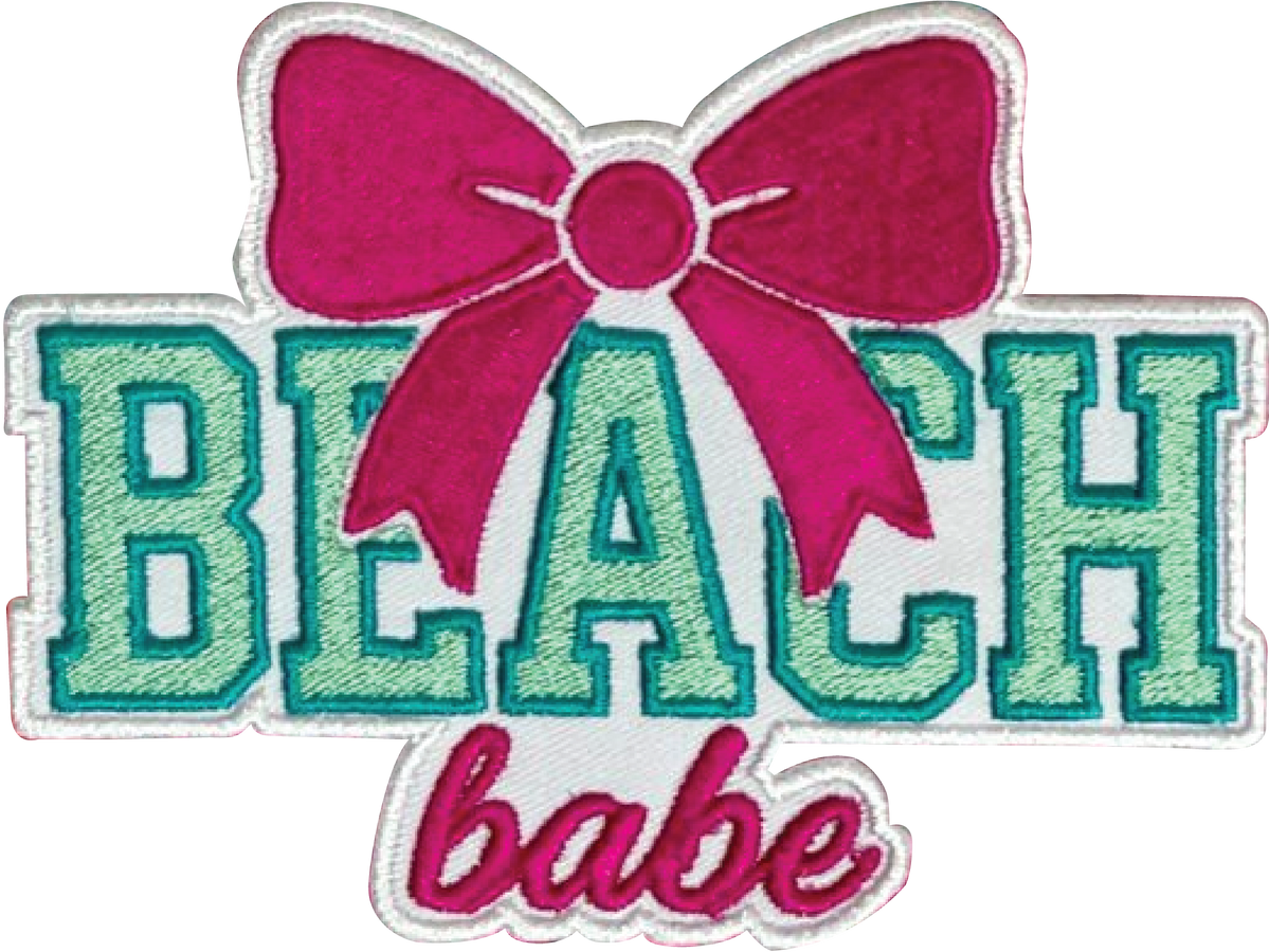 Embroidered patch with 'BEACH babe' text and a pink bow on a white background