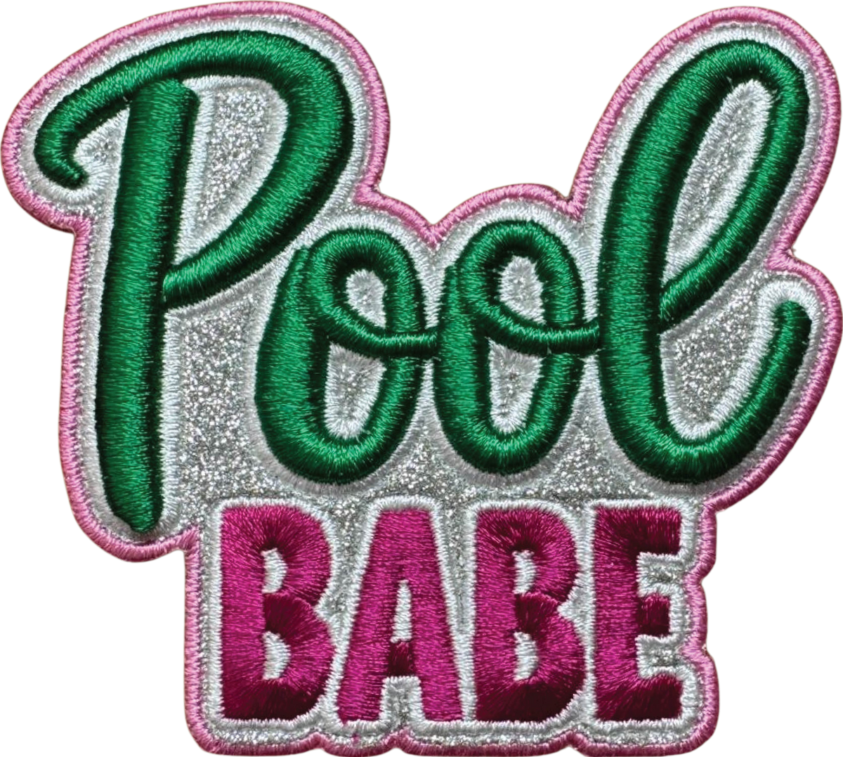 Embroidered patch with 'Pool Babe' text in green, pink, and silver on a white background