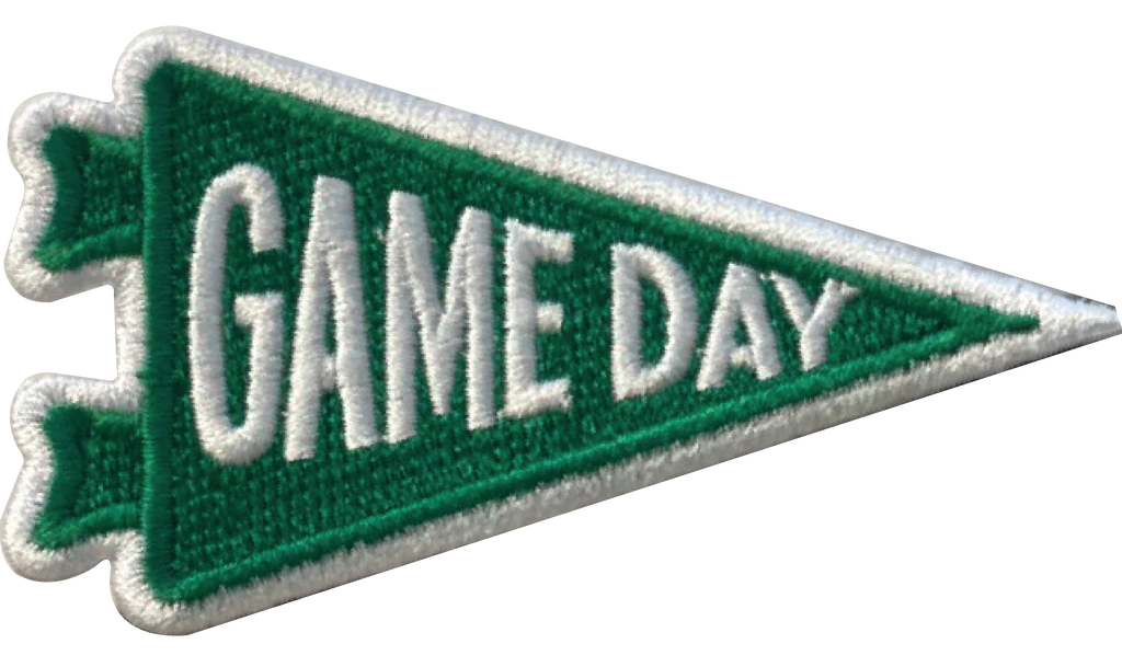Green and white 'GAME DAY' pennant patch on a white background
