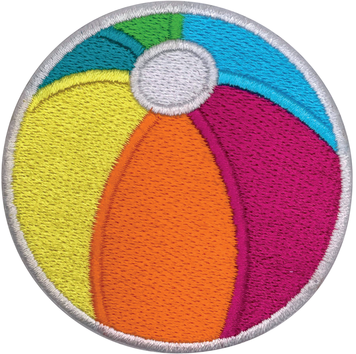 Colorful beach ball patch with multicolored sections on a white background