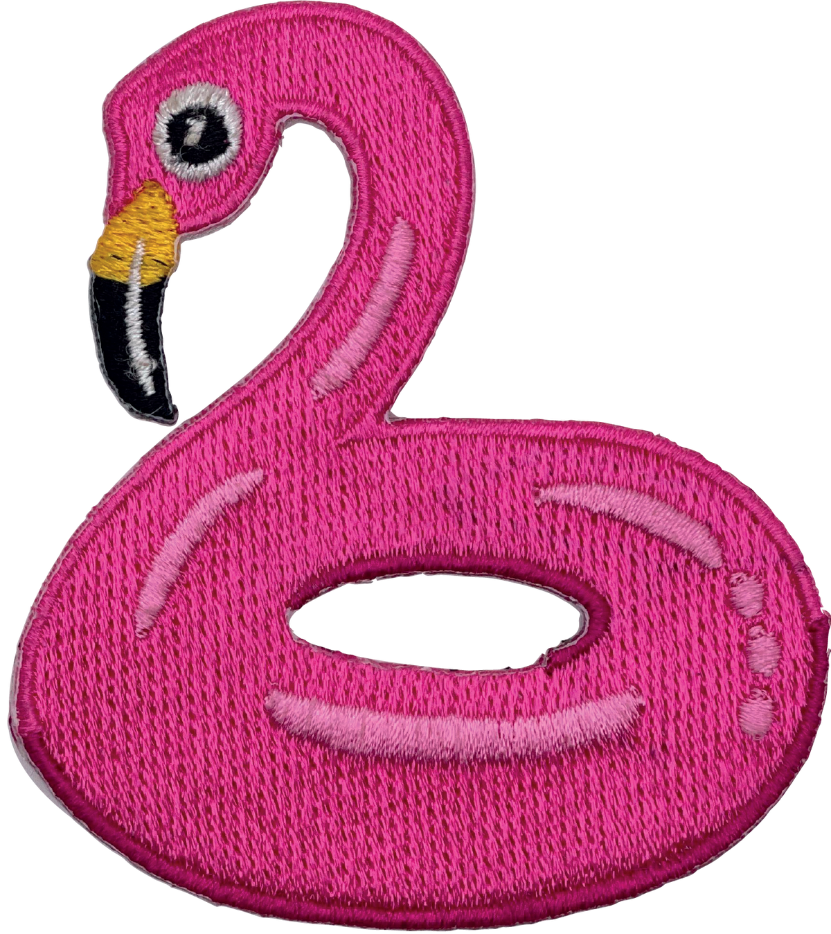 Pink flamingo patch with a yellow beak on a white background