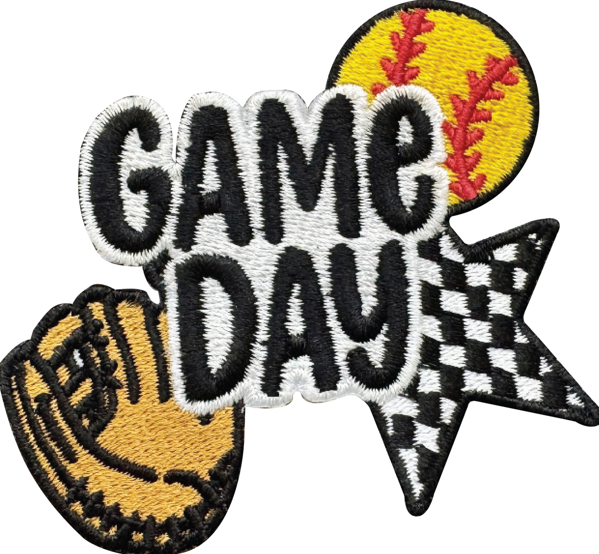 Embroidered patch with 'GAME DAY' text, baseball glove, star, and softball on a white background