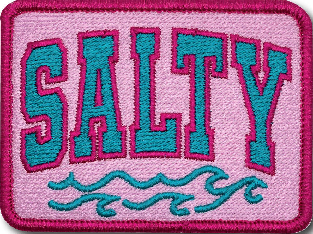 Patch with 'SALTY' text on a pink background