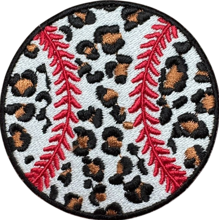 Circular patch with leopard print and red leaves on a white background