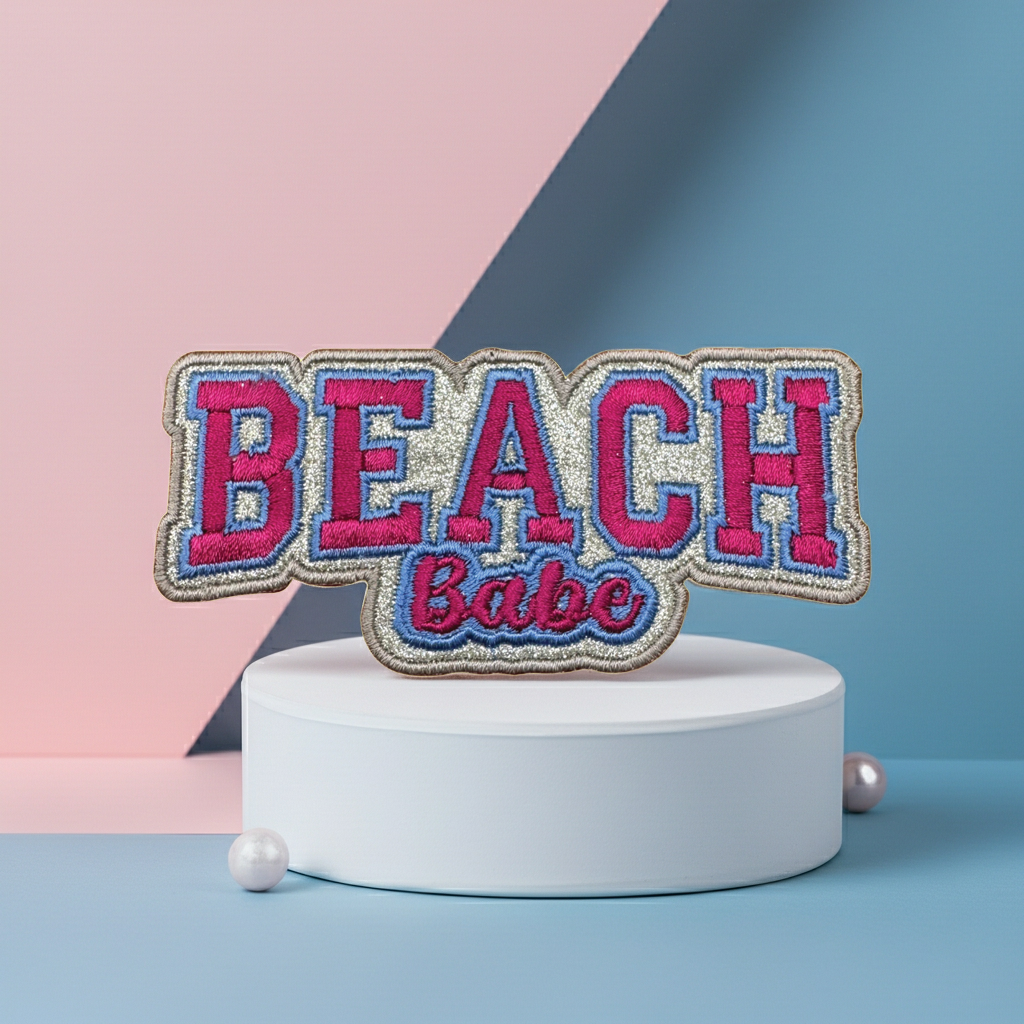 Embroidered patch with 'BEACH Babe' text on a pink and blue gradient background