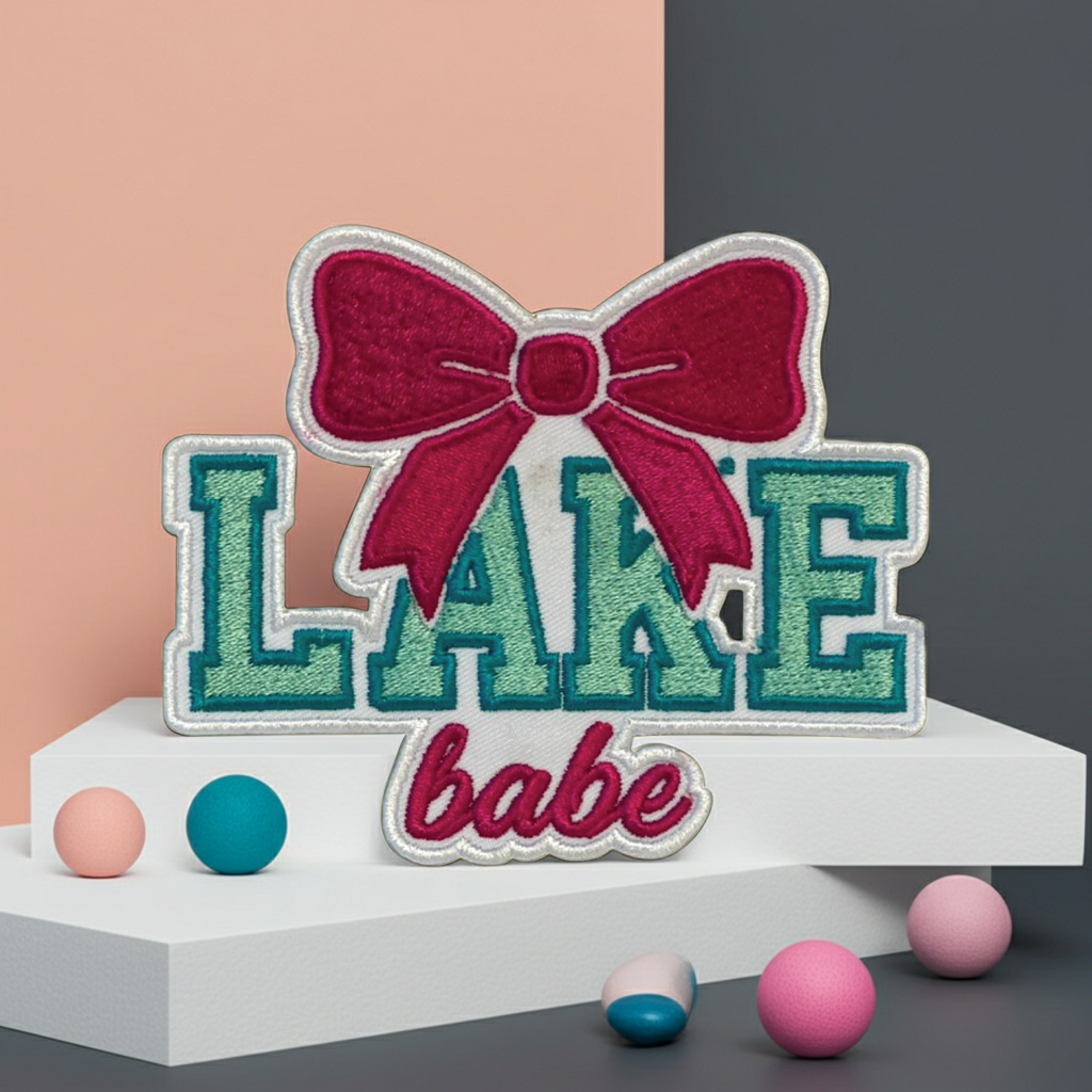 Embroidered patch with 'LAKE babe' text and a red bow on a stand with colorful balls.