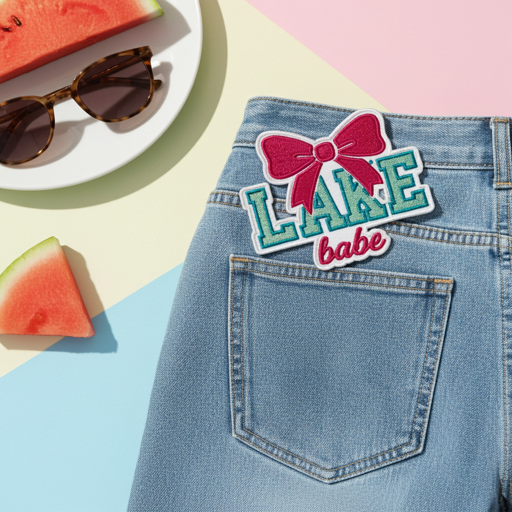 Denim shorts with a 'Lake babe' patch, watermelon, and sunglasses on a colorful background