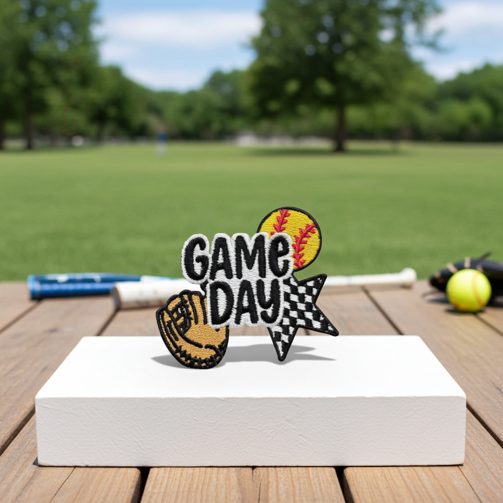 Decorative sign with 'Game Day' text and sports-themed design on a wooden surface outdoors.