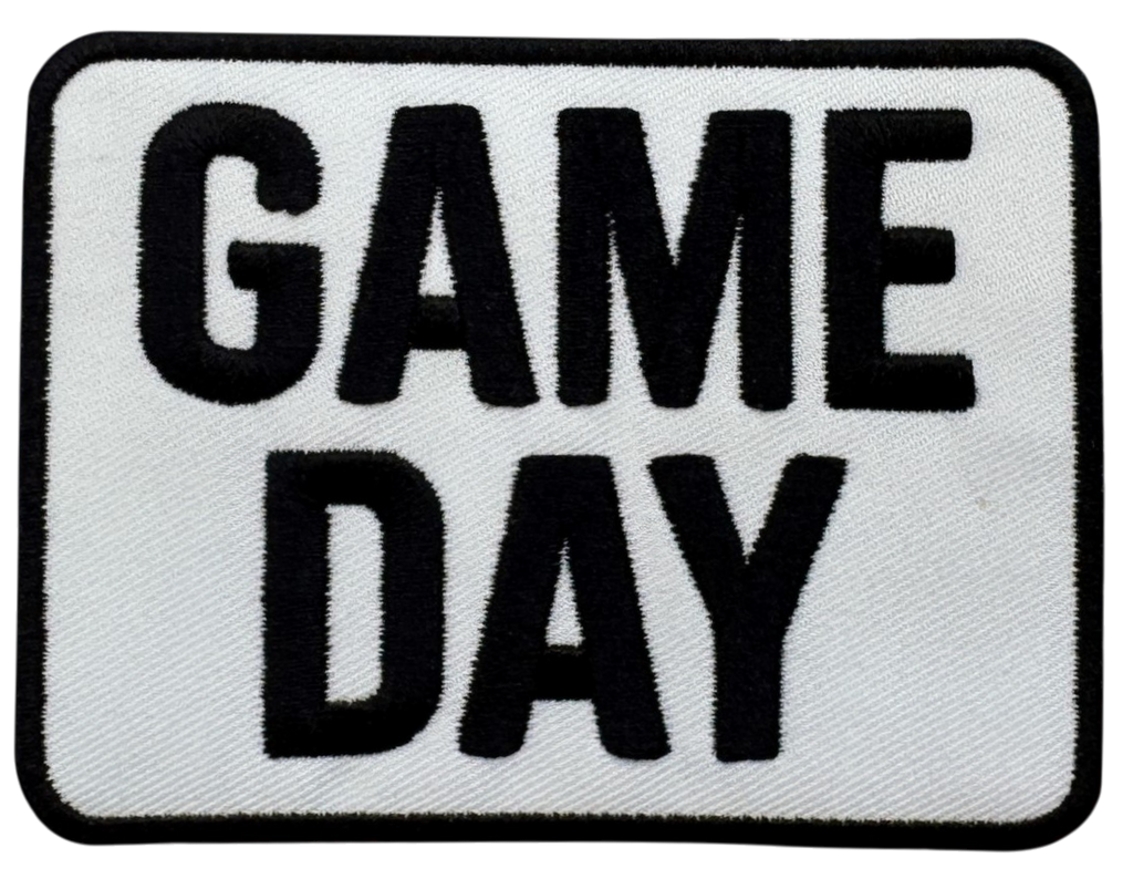 Embroidered patch with 'GAME DAY' text on a white background