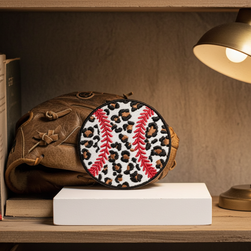 Round embroidered patch with leopard print and red stitching on a wooden shelf.