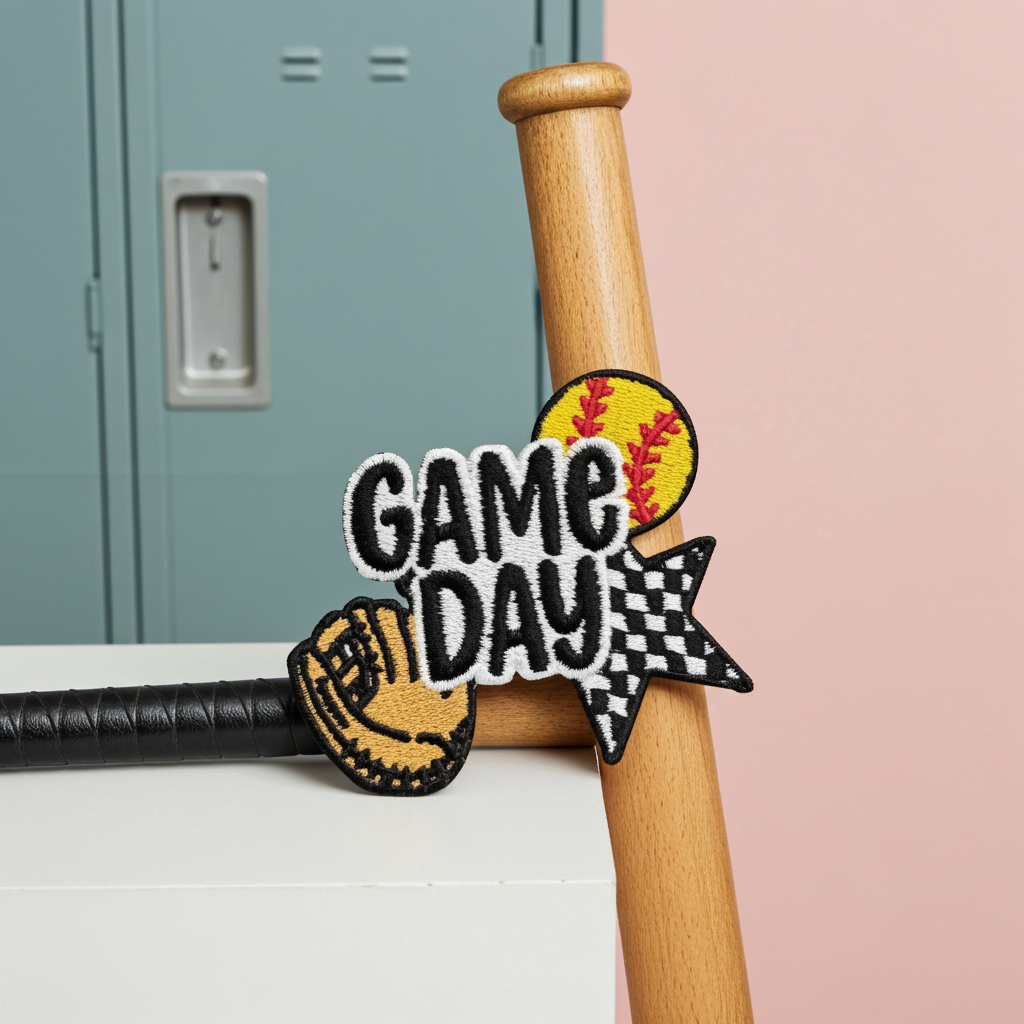 Baseball bat with 'Game Day' patch on a pink and gray background