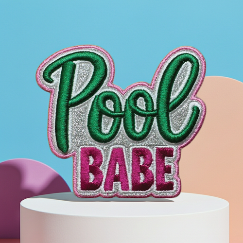 Embroidered patch with 'Pool Babe' text on a colorful background