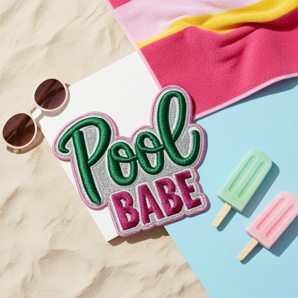 Embroidered patch with 'Pool Babe' text on a beach setting with sunglasses and popsicles.