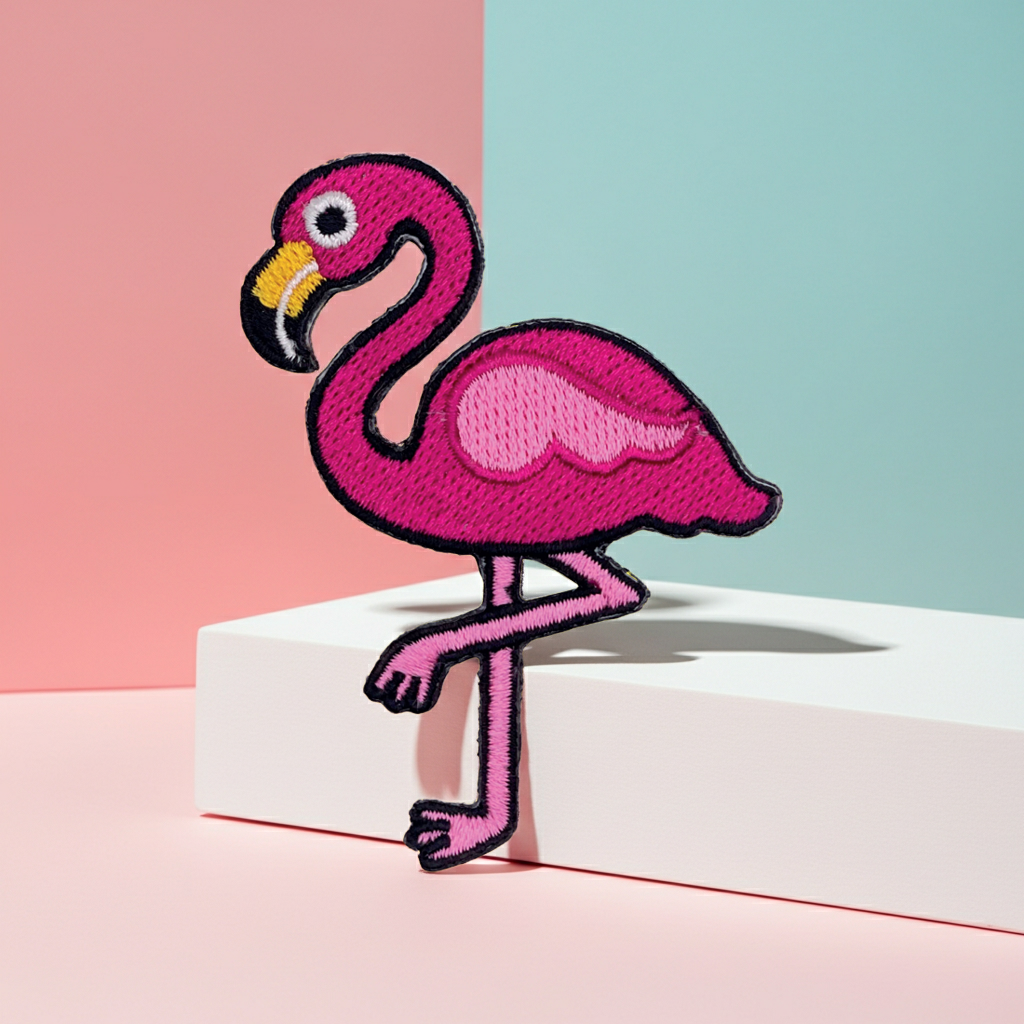 Pink flamingo patch on a pink and blue background