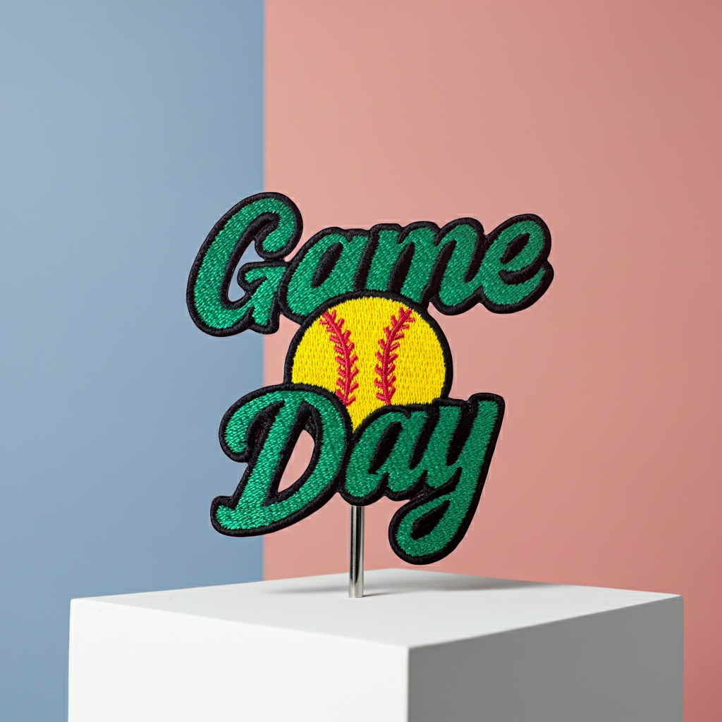 Embroidered patch with 'Game Day' text and a softball on a stand against a colorful background