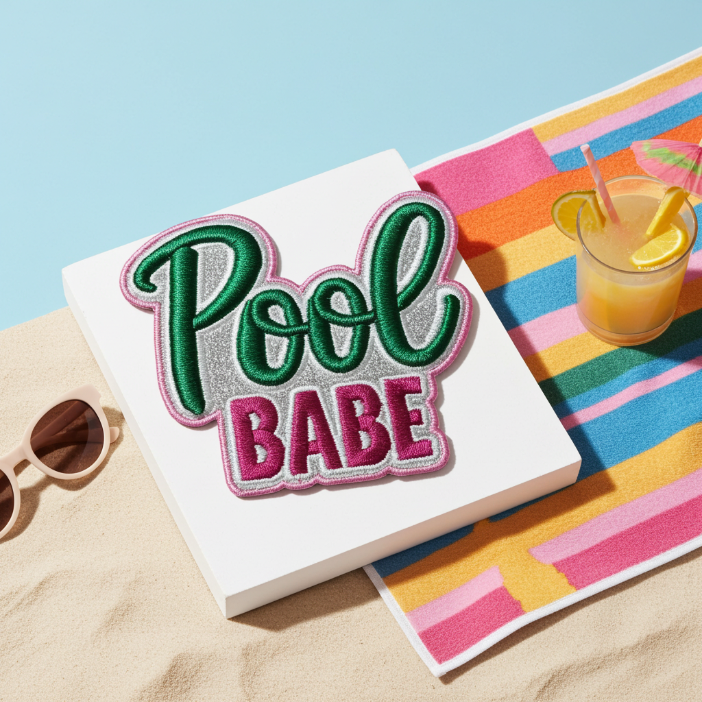 Notebook with 'Pool Babe' patch on a beach setting with sunglasses and juice.