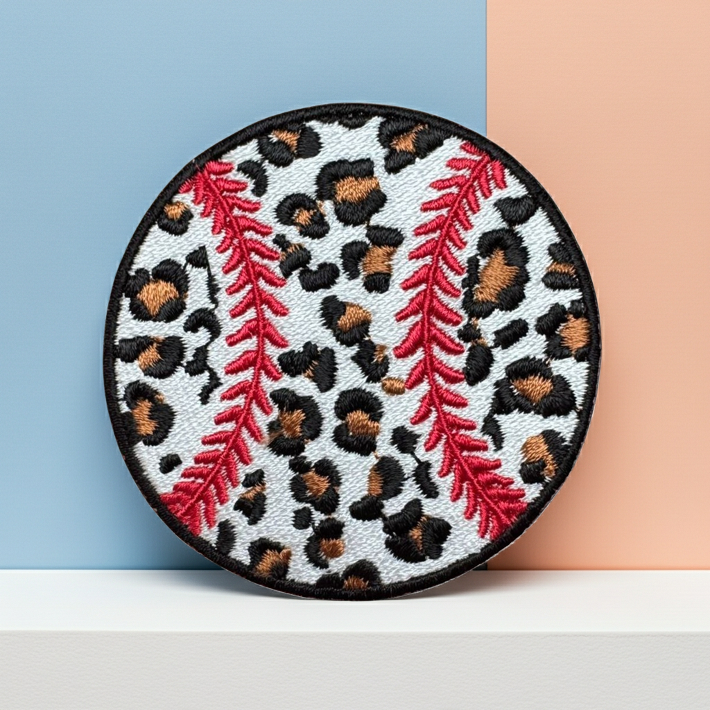 Circular patch with leopard print and red stitching on a two-tone background