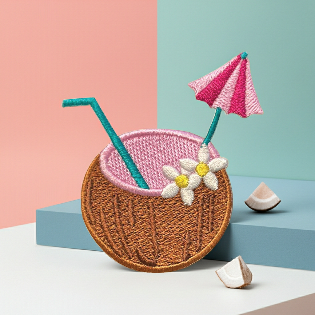 Embroidered patch of a coconut drink with a straw and umbrella on a colorful background