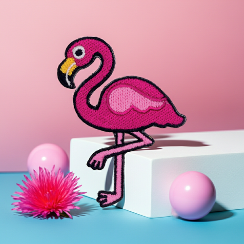 Pink flamingo patch on a pink and blue background