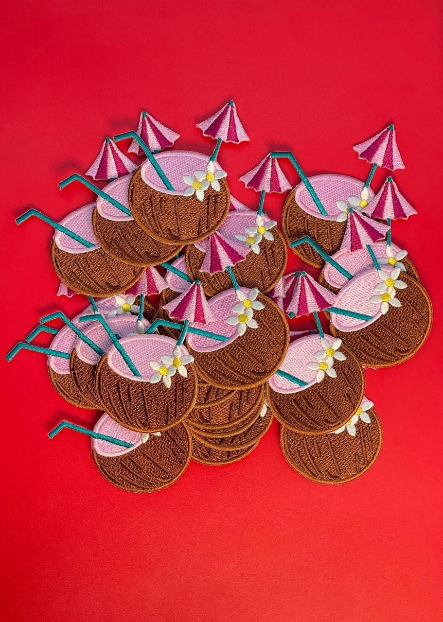 Coconut Drink Embroidery Patch - Tropical Beach Iron-On Applique (15 pcs min)