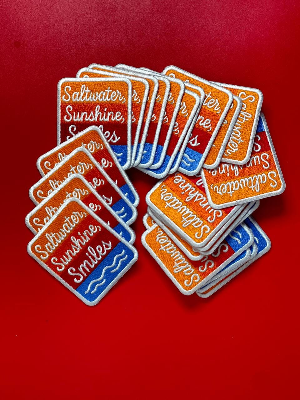 Saltwater Sunshine Smiles Patch: Embroidered Iron-On Trucker Hat Patch (15 pcs min)