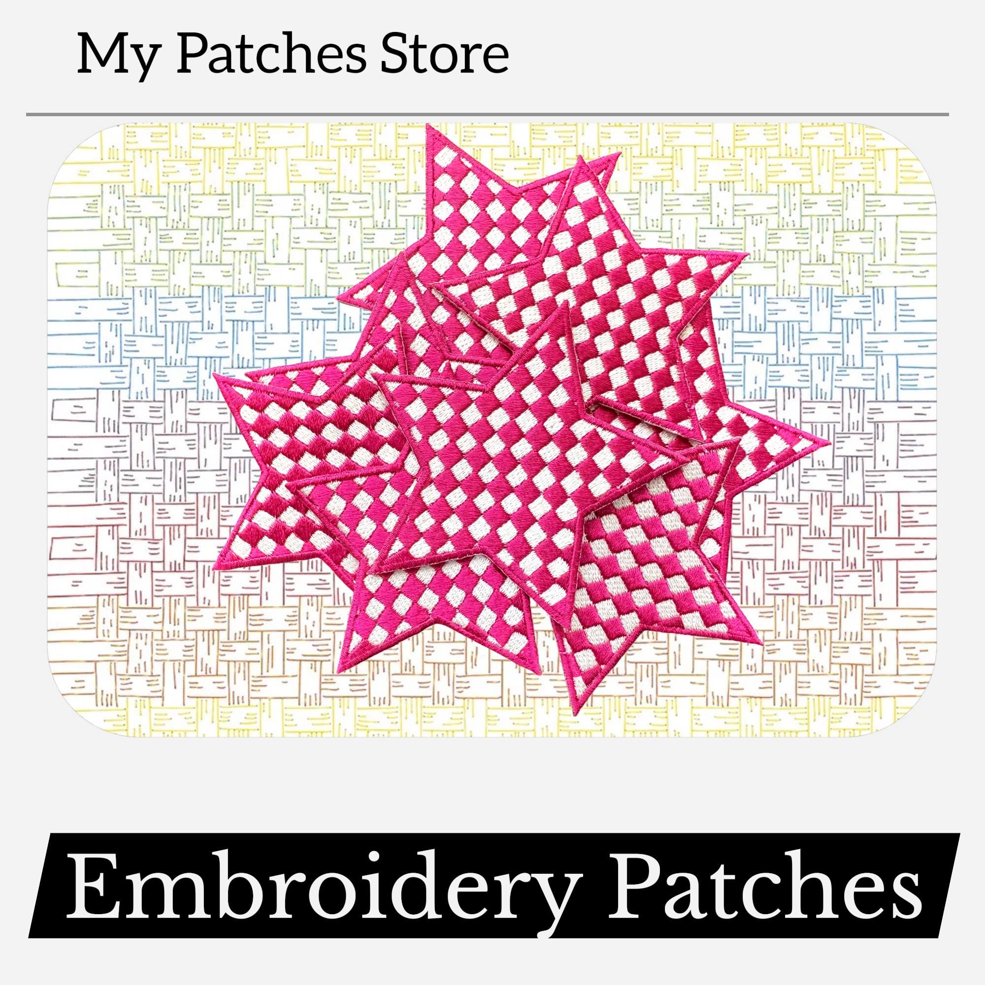 Checkered Magenta Star Patch: Embroidered Iron-On DIY (15 pcs min)