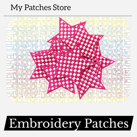 Checkered Magenta Star Patch: Embroidered Iron-On DIY (15 pcs min)