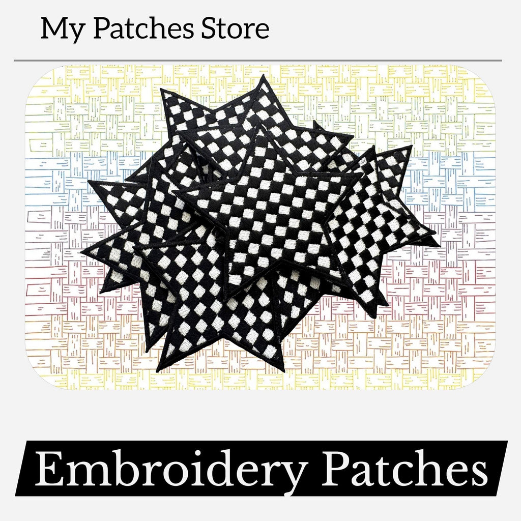Checkered Star Embroidery Patch: Iron-On Game Day Applique (15 pcs min)