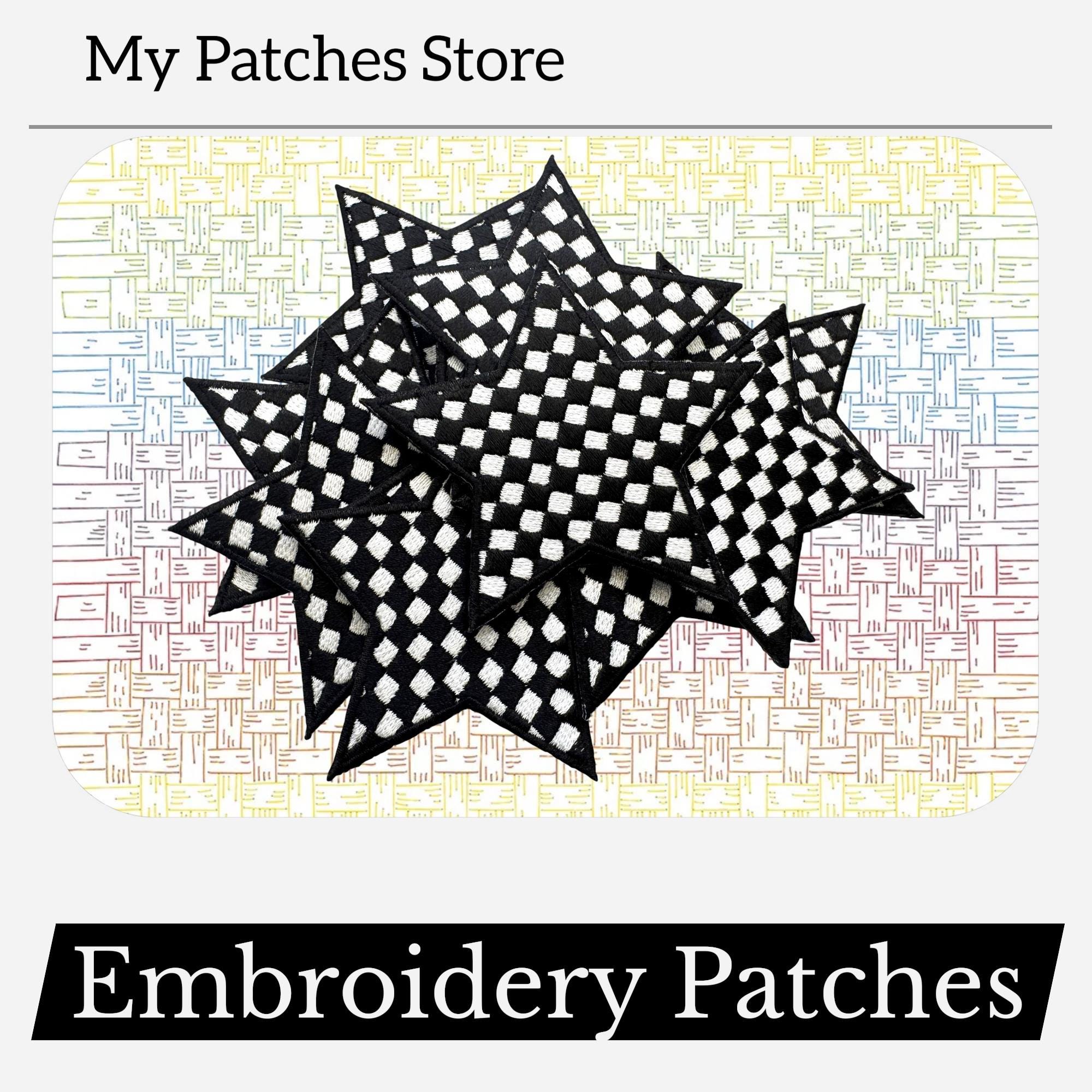 Checkered Star Embroidery Patch: Iron-On Game Day Applique (15 pcs min)
