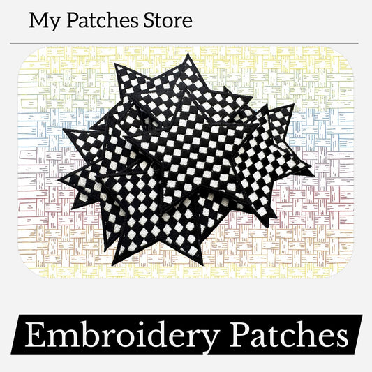 Checkered Star Embroidery Patch: Iron-On Game Day Applique (15 pcs min)