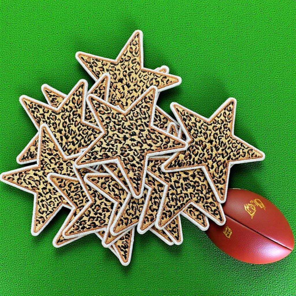 Leopard Star Iron On Patch: Embroidered Cheetah Print, Western Style (15 Pcs min)