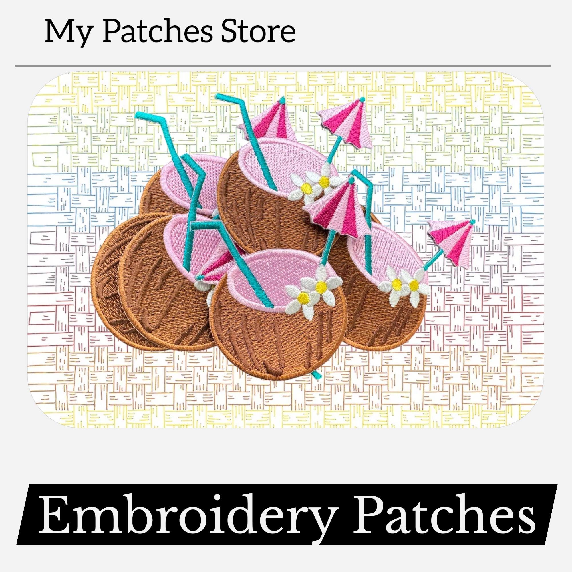 Coconut Drink Embroidery Patch - Tropical Beach Iron-On Applique (15 pcs min)