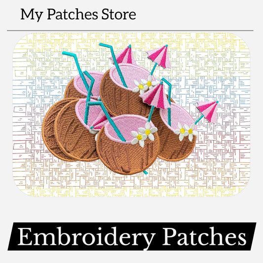 Coconut Drink Embroidery Patch - Tropical Beach Iron-On Applique (15 pcs min)
