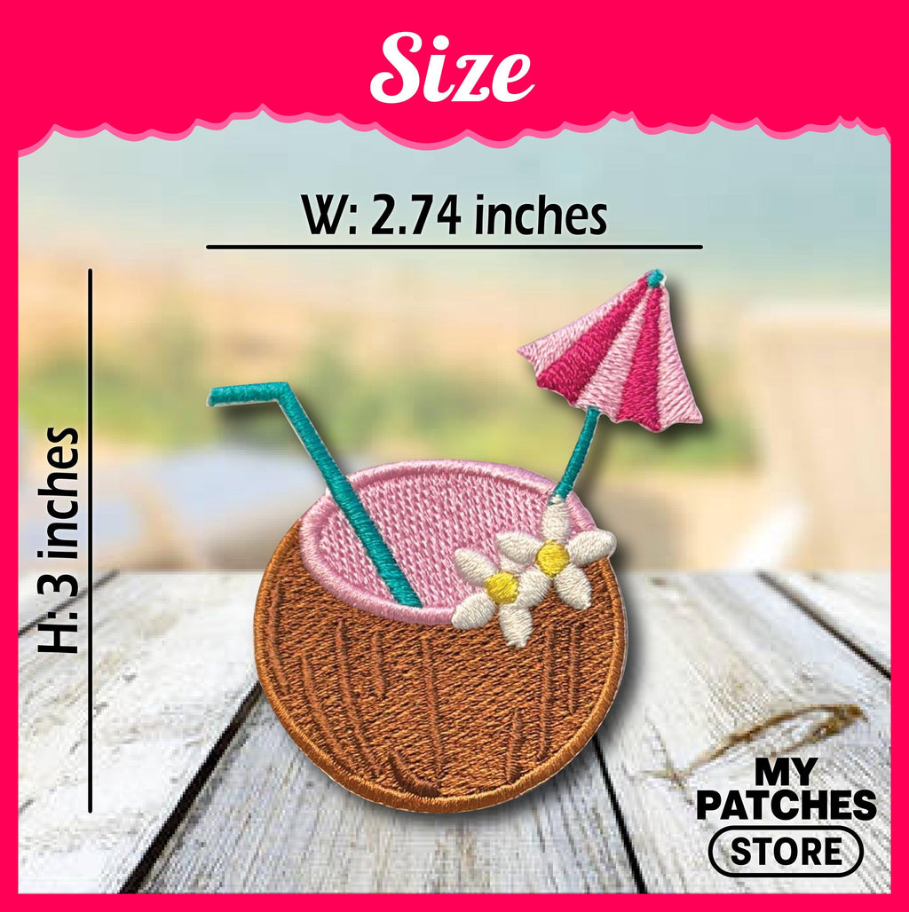 Coconut Drink Embroidery Patch - Tropical Beach Iron-On Applique (15 pcs min)