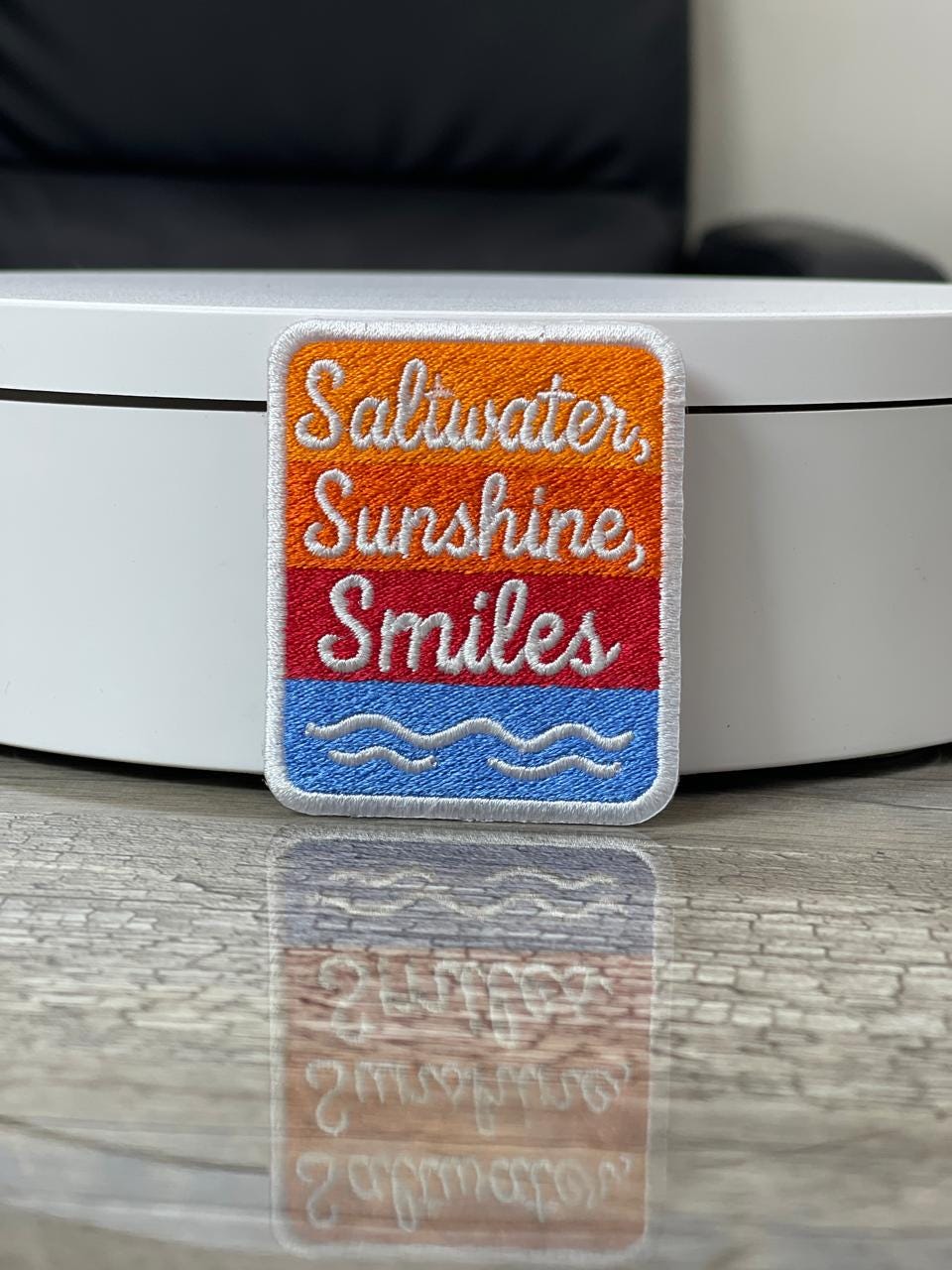 Saltwater Sunshine Smiles Patch: Embroidered Iron-On Trucker Hat Patch (15 pcs min)