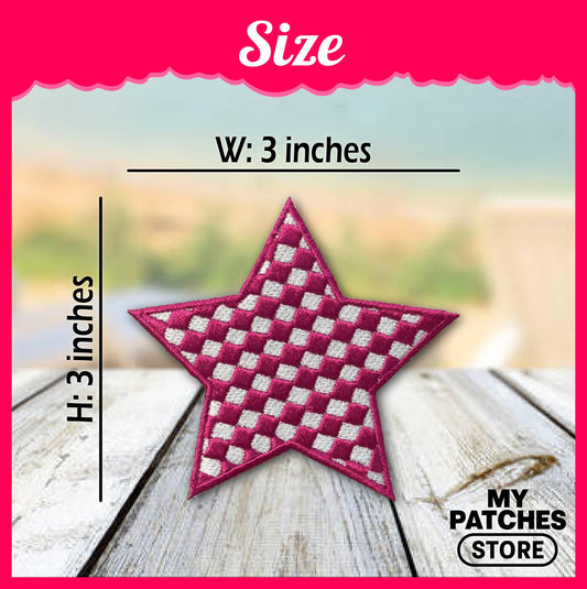 Checkered Magenta Star Patch: Embroidered Iron-On DIY (15 pcs min)