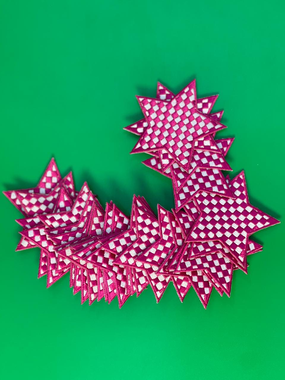 Checkered Magenta Star Patch: Embroidered Iron-On DIY (15 pcs min)